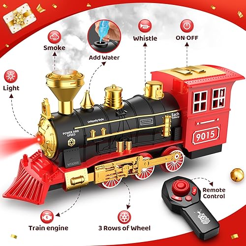 Miniatura 2 de Hot Bee Juego de tren con control remoto de juguetes de tren con humo, luces y sonido, tren de juguete con locomotora de vapor, vagones de carga y