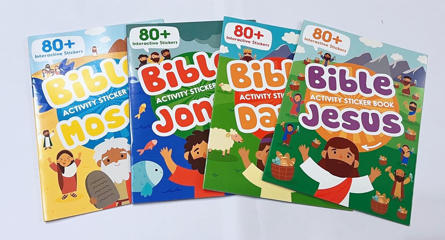 Bible Activity Stickers Jonah, Jesus, David, Moses Over 80 Stickers (Set of 4 Books)