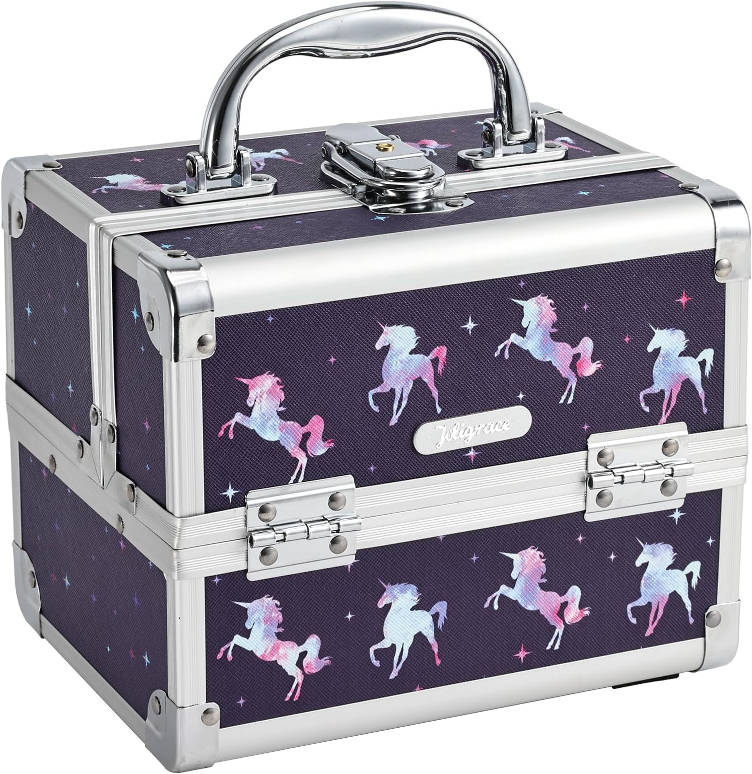 Makeup Case for Girls Cosmetic Train Case Makeup Storage Box Jewelry Organizer Hair Accessories Lockable with Trays & Mirror Kids Gift Unicorn