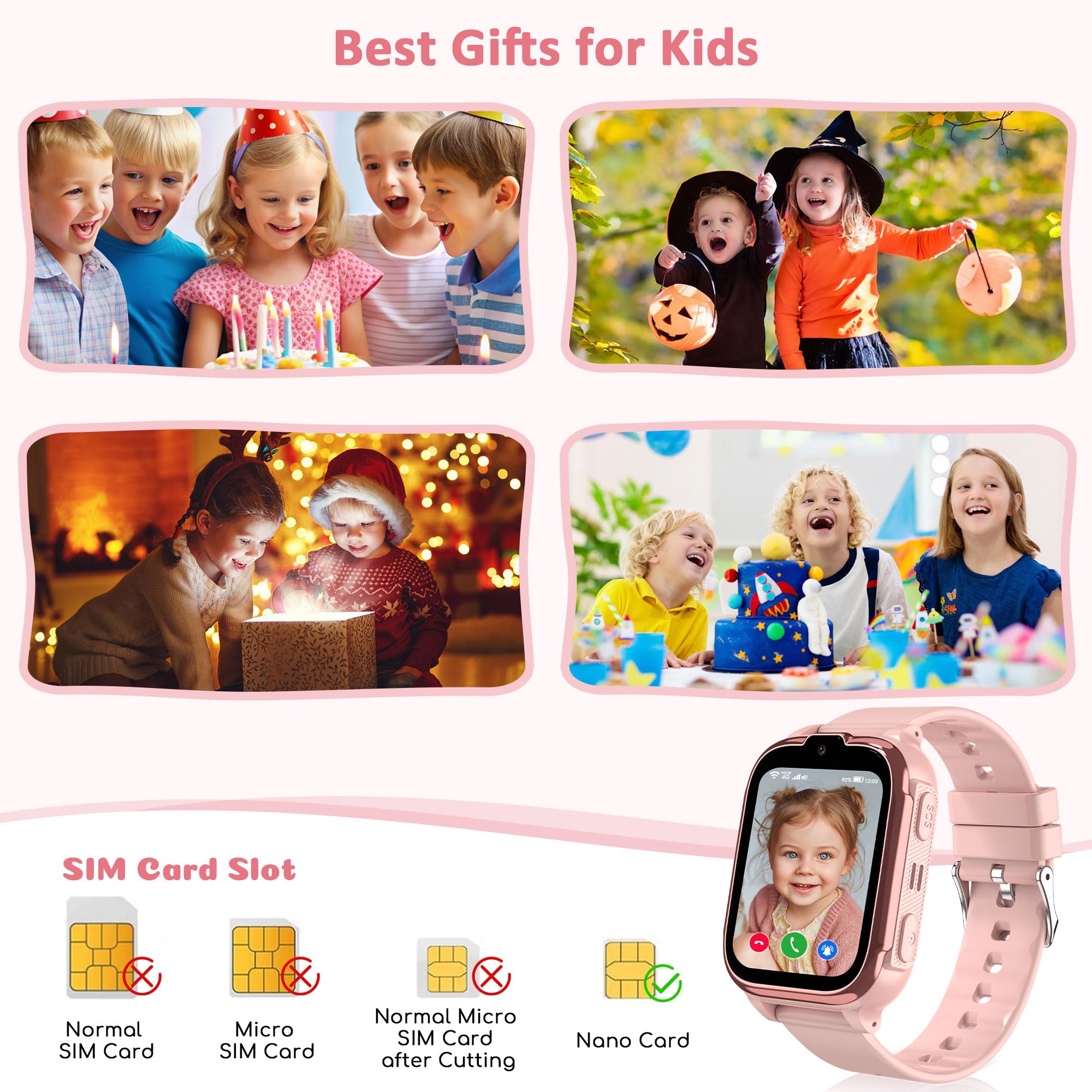 Montre Connectée Enfant 4G/GPS/WiFi/Appel Vidéo/IP68 | Montre GPS Enfant Fille Garçon avec Téléphone Chat Familial SOS, Jeux Réveil, Mode Classe, Montre Intelligente Enfants Cadeau