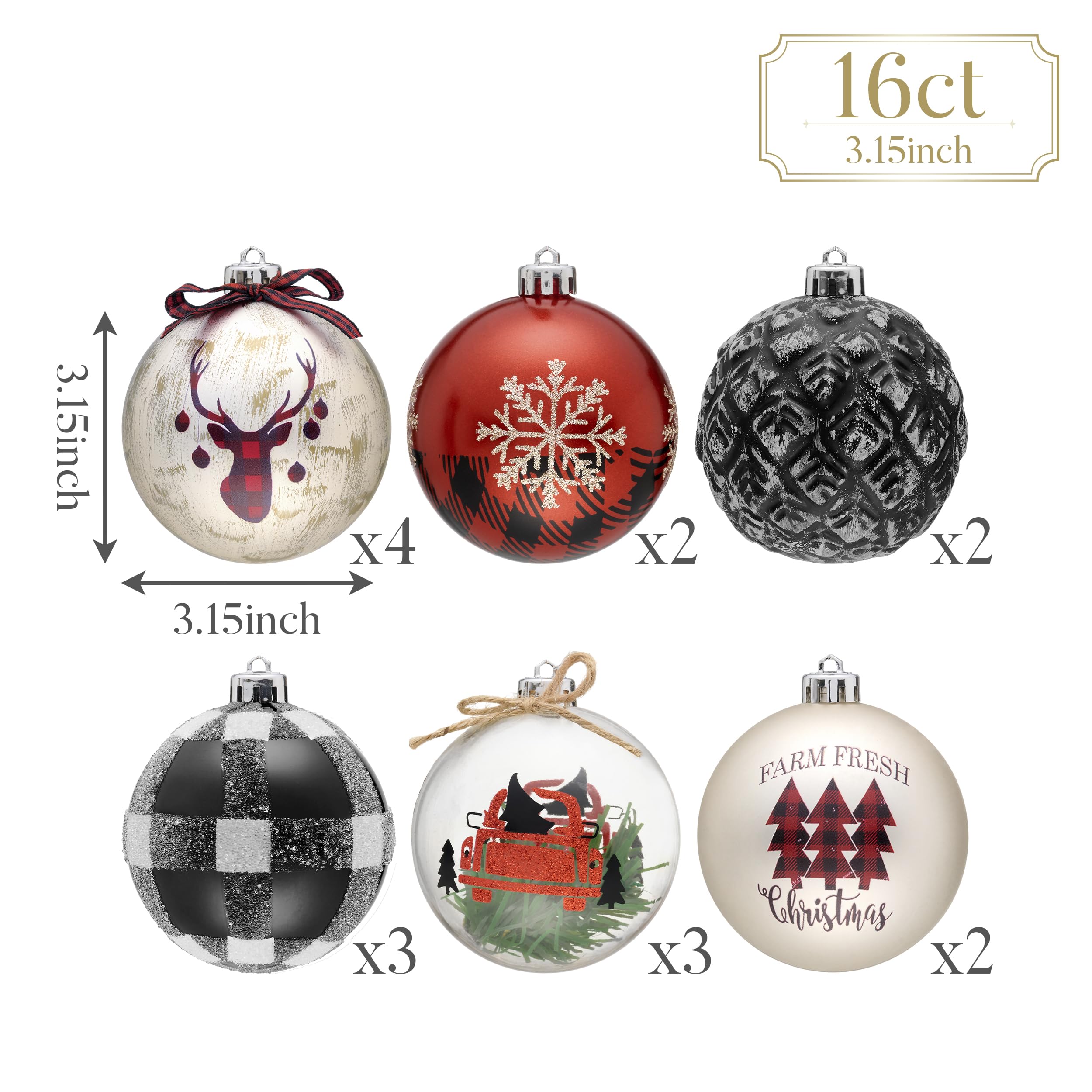 Valery Madelyn Lot de 16 boules de Noël incassables rouges et noires pour sapin de Noël, 8,9 cm, ornement décoratif à suspendre en vrac pour décoration de fête de Noël