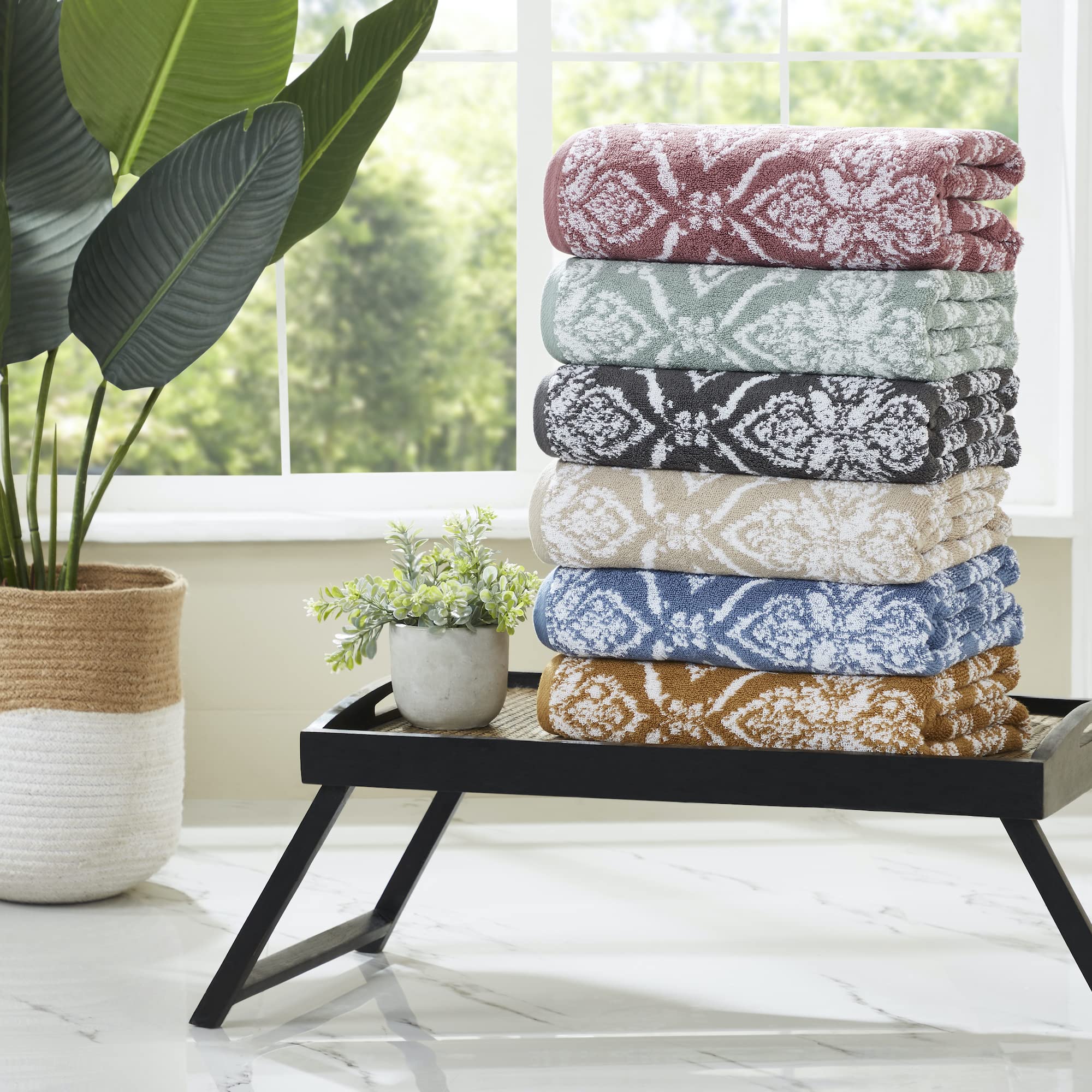 Modern Threads Amaris Wende-Handtuchset aus garngefärbtem Jacquard, 6-teilig, Badetücher, Handtücher und Waschlappen, sehr saugfähig und schnell trocknend, 100% gekämmte Baumwolle, Khaki