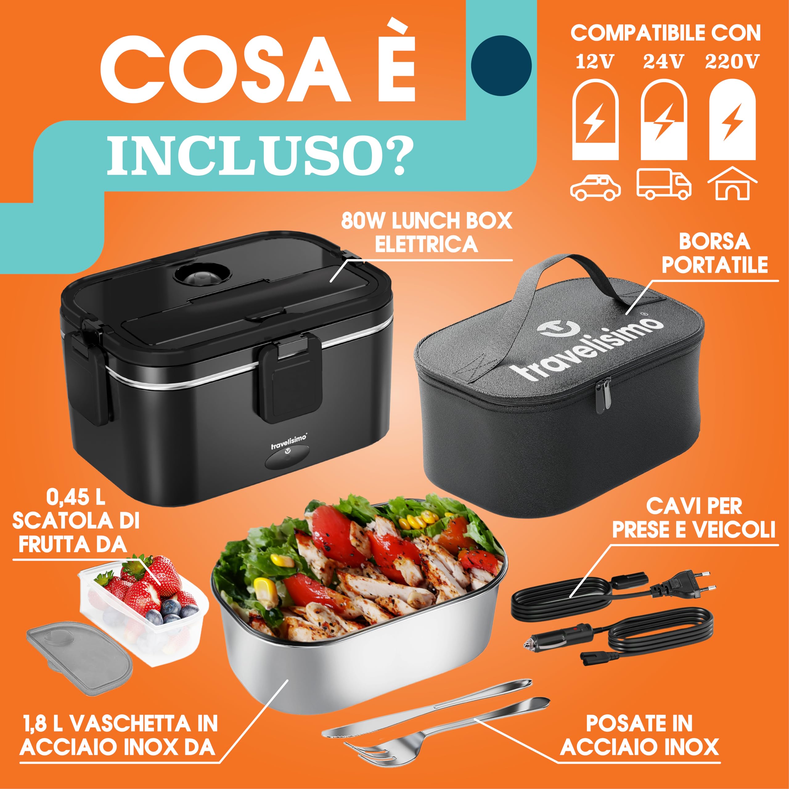 TRAVELISIMO Scaldavivande Elettrico Portatile Extra Grande 1,8L 80W Portapranzo Riscaldabile Portatile, 220V/12V/24V Scalda Vivande Portatile Elettrico per Viaggio e Lavoro, Porta Pranzo Riscaldabile