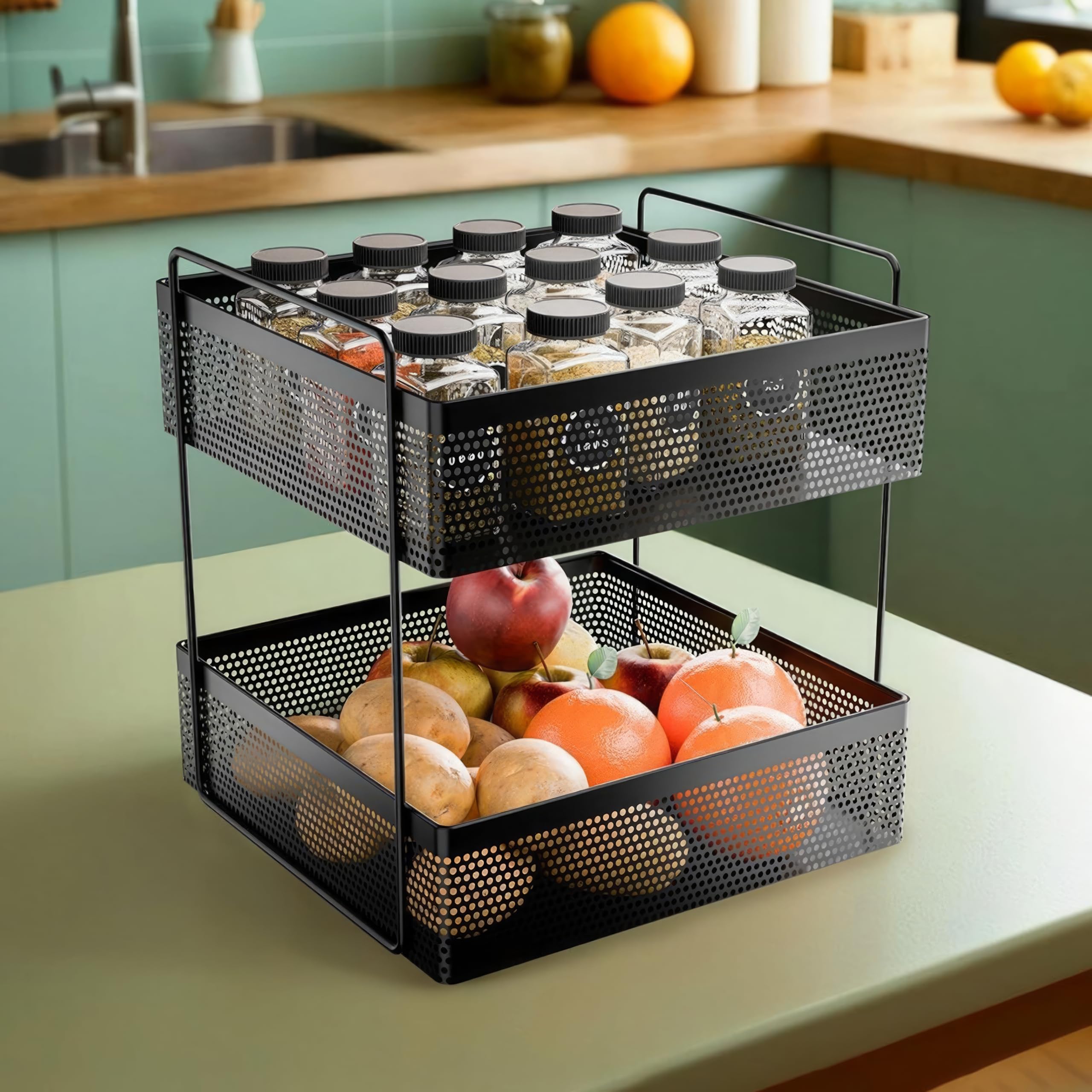 KWER 2-Tier Metal Square Kitchen Rack Stand Organiser | Countertop Organizer Kitchen Bathroom Standing Rack | Spice, Oil, Masala, Cosmetic & Bathroom Vanity Storage Rack Shelf | Dark Black