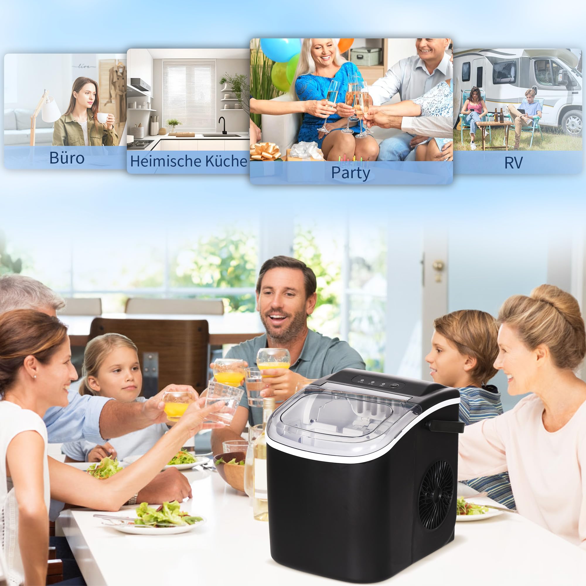 HOMCOM Eiswürfelmaschine, 12 kg/24h, 9 Eiswürfel in 6-12 Minuten, Selbstreinigender Eiswürfelbereiter mit Griff, Eisschaufel und Korb Ice Maker für Küche, RV, Camping