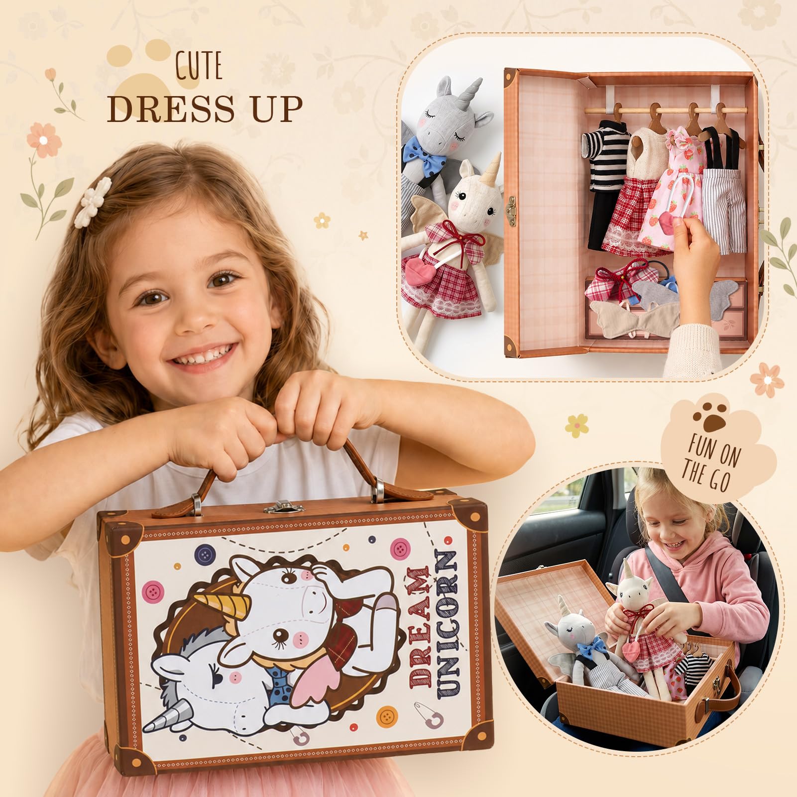vamei Peluche Unicorno da Vestire Bambina, 36cm Peluche Unicorno Giocattolo Set con Armadio Valigia Portatile, Grucce in Legno, Vestiti per Bambole, Compleanno Natale Regalo per Bambina 3 4 5 6 Anni