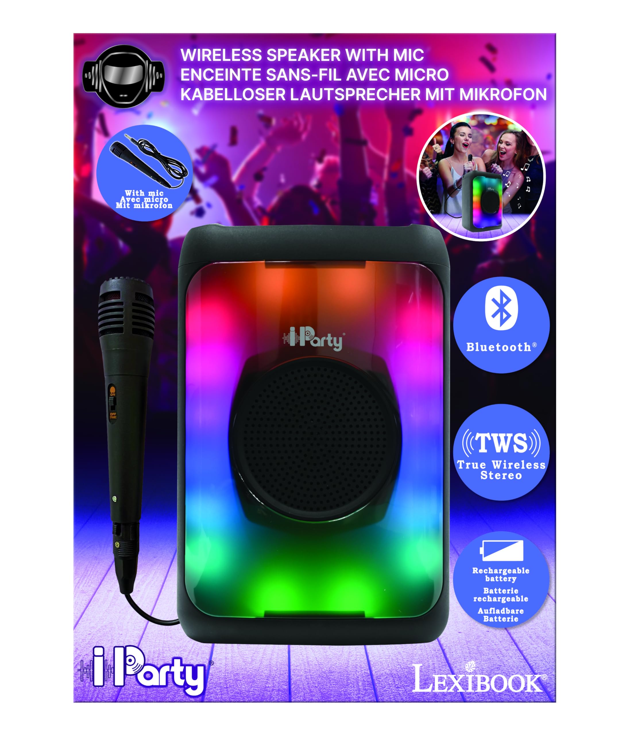 Lexibook, iParty, Głośnik Bluetooth, K8320 | Mocny dźwięk, wielokolorowe efekty świetlne, akumulator