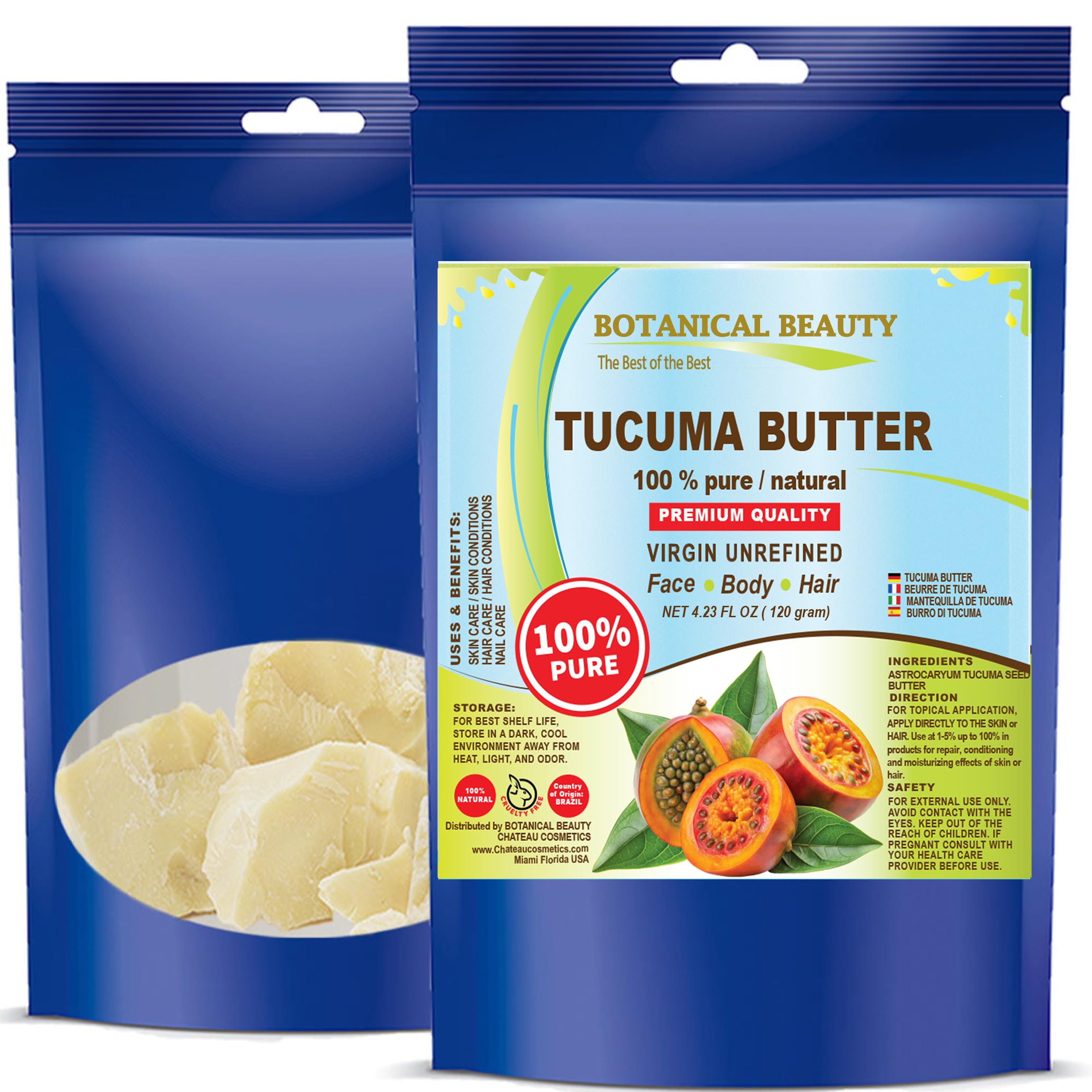 Botanical Beauty Brazilian TUCUMA BUTTER 100% Pure Natural VIRGIN UNREFINED Cold-Pressed for Face, Skin, Body, Hair, Lip, Nails. Rich in Vitamin E.