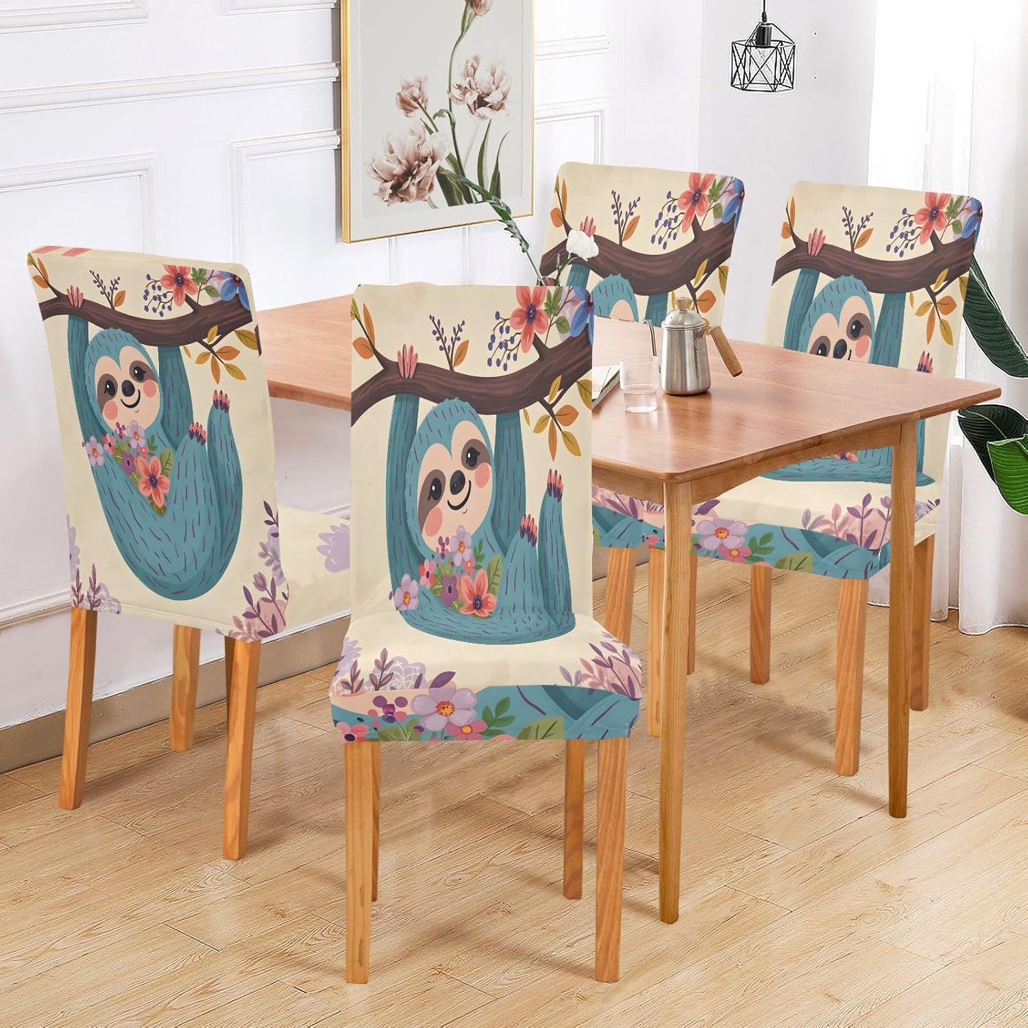 ALAZA Chair Covers for Dining Room, Sloth Tree Branch Stretch Chair Cover Sets Chair Protector Removable Washable for Ktichen Restaurant Hotel