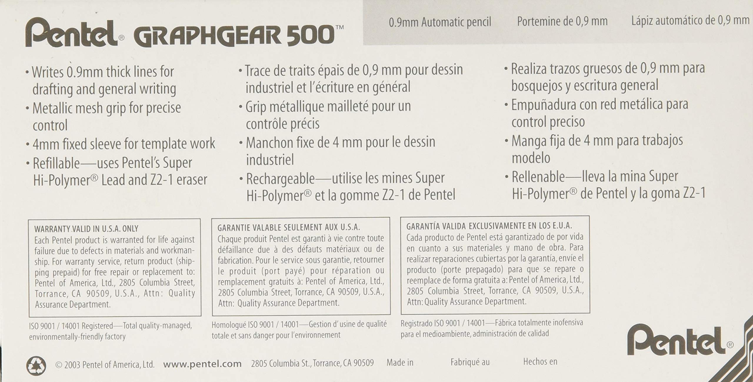 Pentel Graphgear 500 - Set di 12 portamine, puntalino fisso di 4 mm, colore grigio 0,9 mm