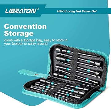 LIBRATON 16PCS Magnetic Nut Driver Set, Long Nut Drivers 6INCH, Metric&SAE | Nut Drivers for Impact Drill, Long Shank Nut Driver Bits, 1/4Hex Shank, Long Power Bits, PH1, PH2, with Storage Bag