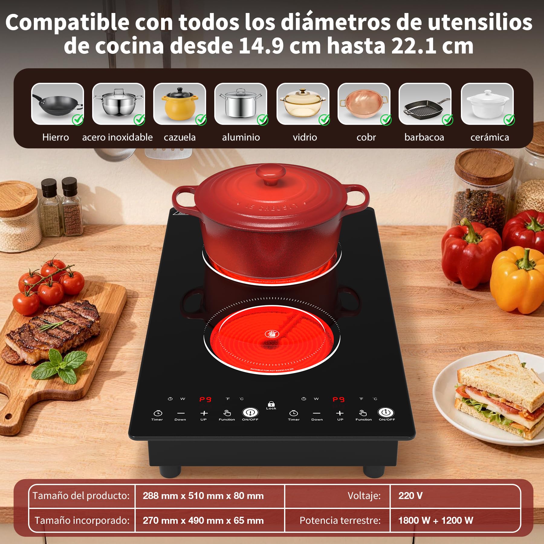 VBGK placa vitroceramica，220V 3000W placa de vitroceramica con control táctil LED, 9 niveles de potencia, bloqueo de seguridad infantil, temporizador de 2 horas.