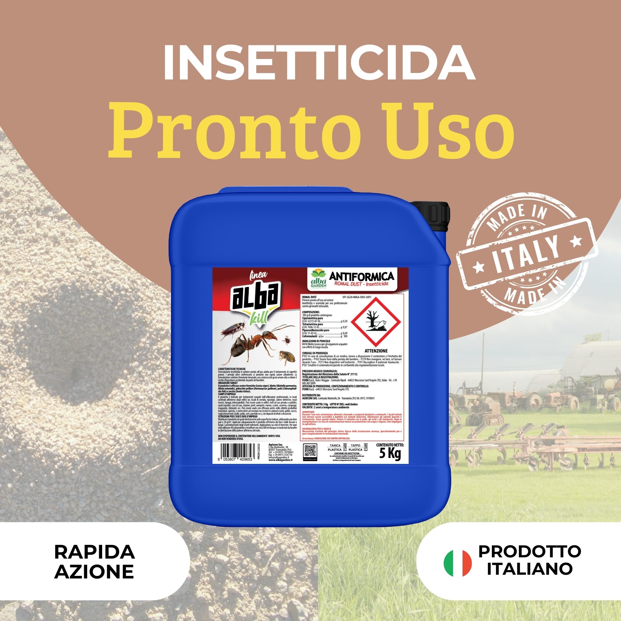 Albagarden - Insetticida Formiche 5 Kg - Veleno In Polvere Bagnabile per tutti gli Ambienti Esterni e Interni Anti Formiche Scarafaggi Grillotalpa Pulci Zecche, Orto Casa e Giardino
