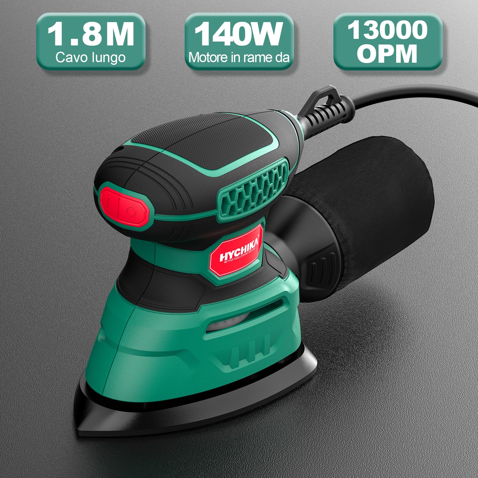 HYCHIKA Levigatrice per Legno 140W, levigatrice 13000 OPM con efficiente raccolta della polvere, con carta vetrata 12PCS, ideale per levigare il legno e rimuovere ruggine e vernice