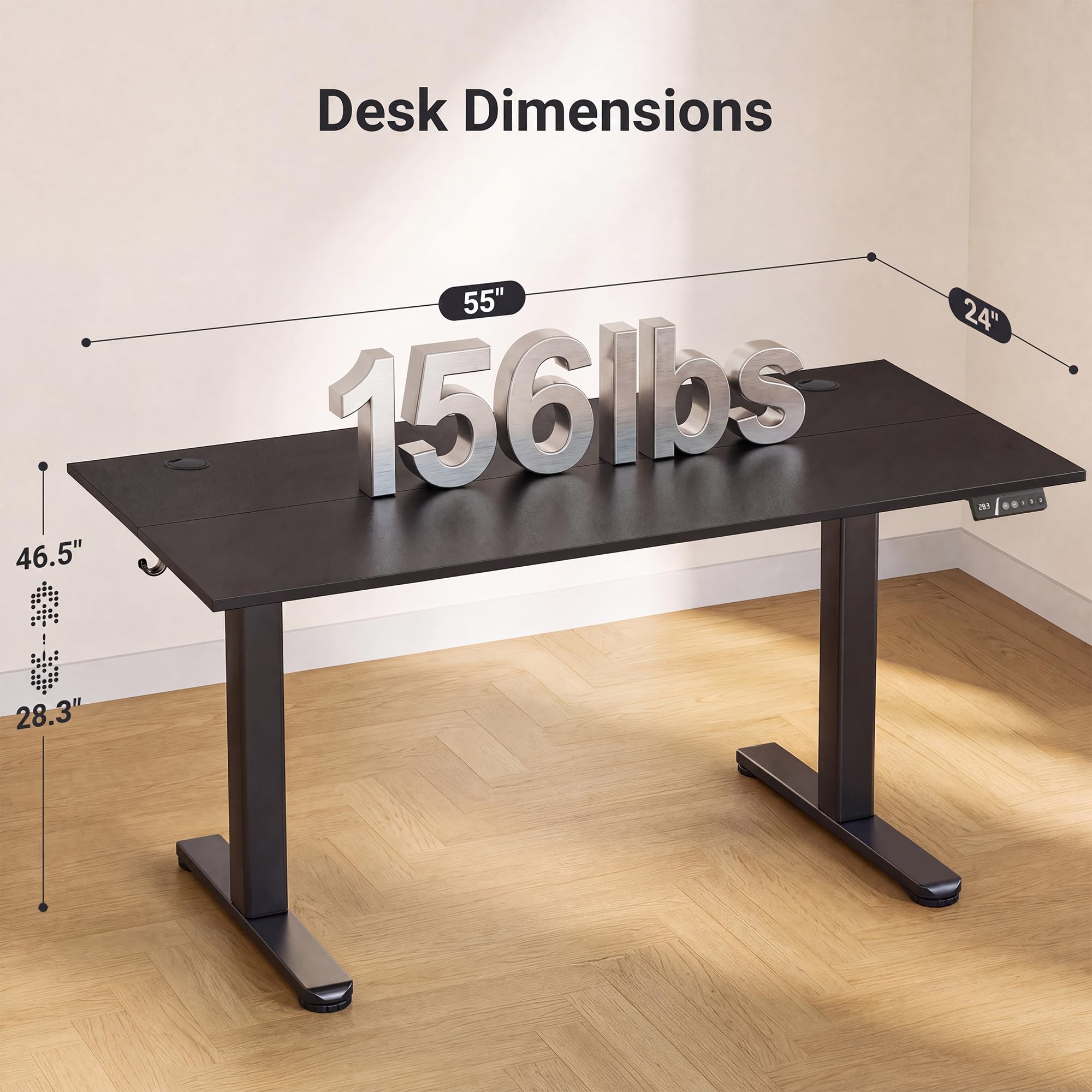 Claiks Electric Height Adjustable Standing Desk, 55x24 Inch, Black view 3
