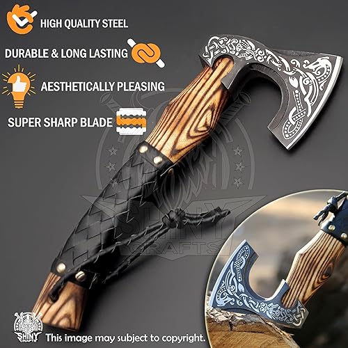 Miniatura 20 de SHINY CRAFTS -Hacha vikinga hecha a mano hacha nórdico-Hacha rúnica Valhalla Acero al carbono Cabeza de hacha vikinga mango grabado Wolf Camp Axe