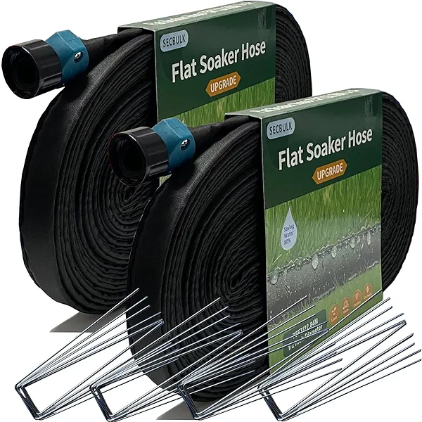 Secbulk 2025 Flat Soaker Hose 150 ft with Stakes for Garden, 75ft x 2 Linkable Drip Hose Diy Garden Irrigation System Saving 80% Water, Dual-layer Leak-free Design Water Hose with Holes