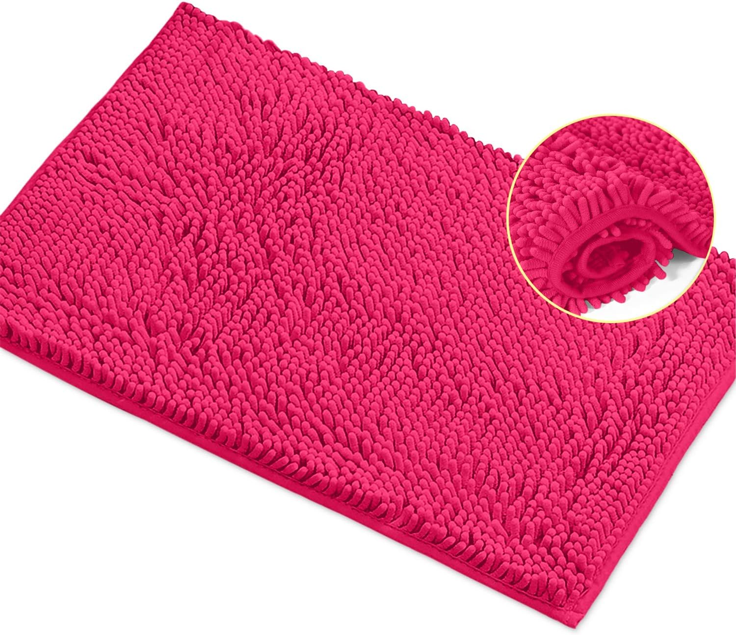 LuxUrux Bath Mat Extra-Soft Plush Bath Shower Bathroom Rug, 1'' Chenille Microfiber Material, Super Absorbent Shaggy Bath Rug (Hot Pink, 42 x 60 cm)