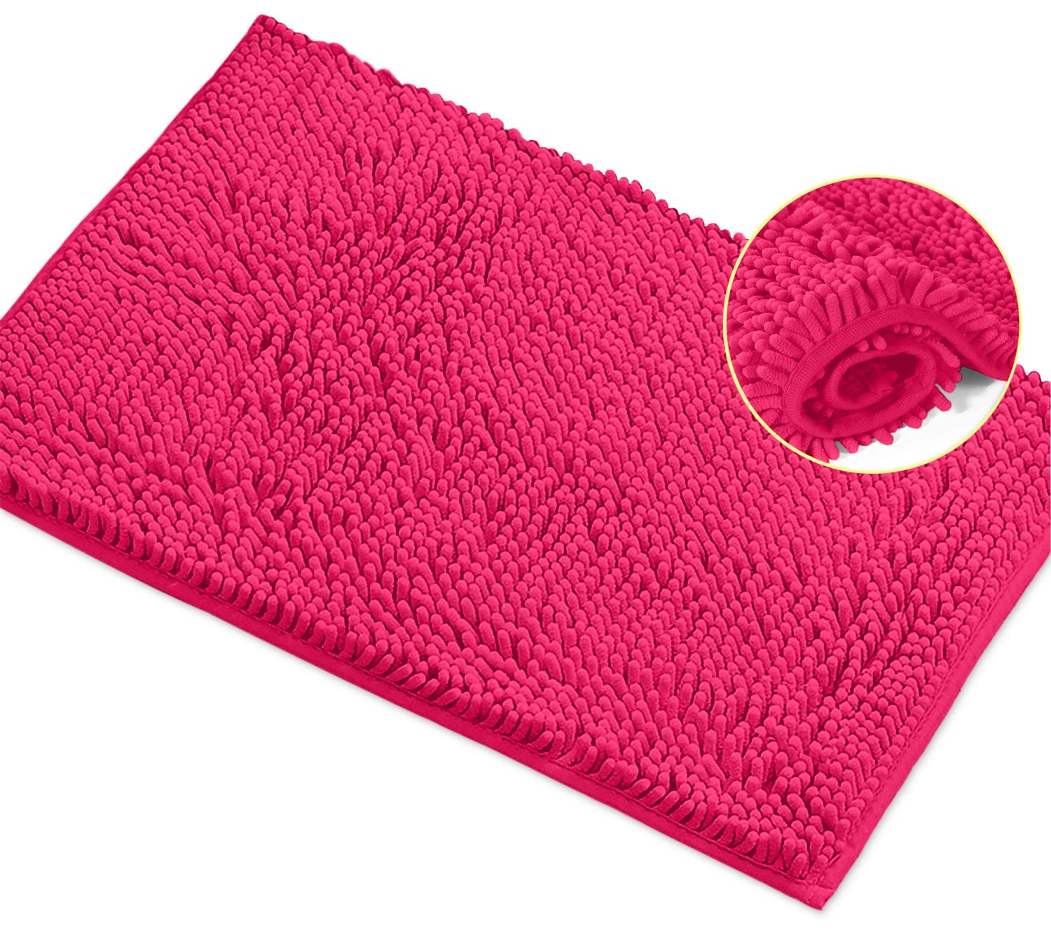 LuxUrux Bath Mat Extra-Soft Plush Bath Shower Bathroom Rug, 1'' Chenille Microfiber Material, Super Absorbent Shaggy Bath Rug (Hot Pink, 42 x 60 cm)