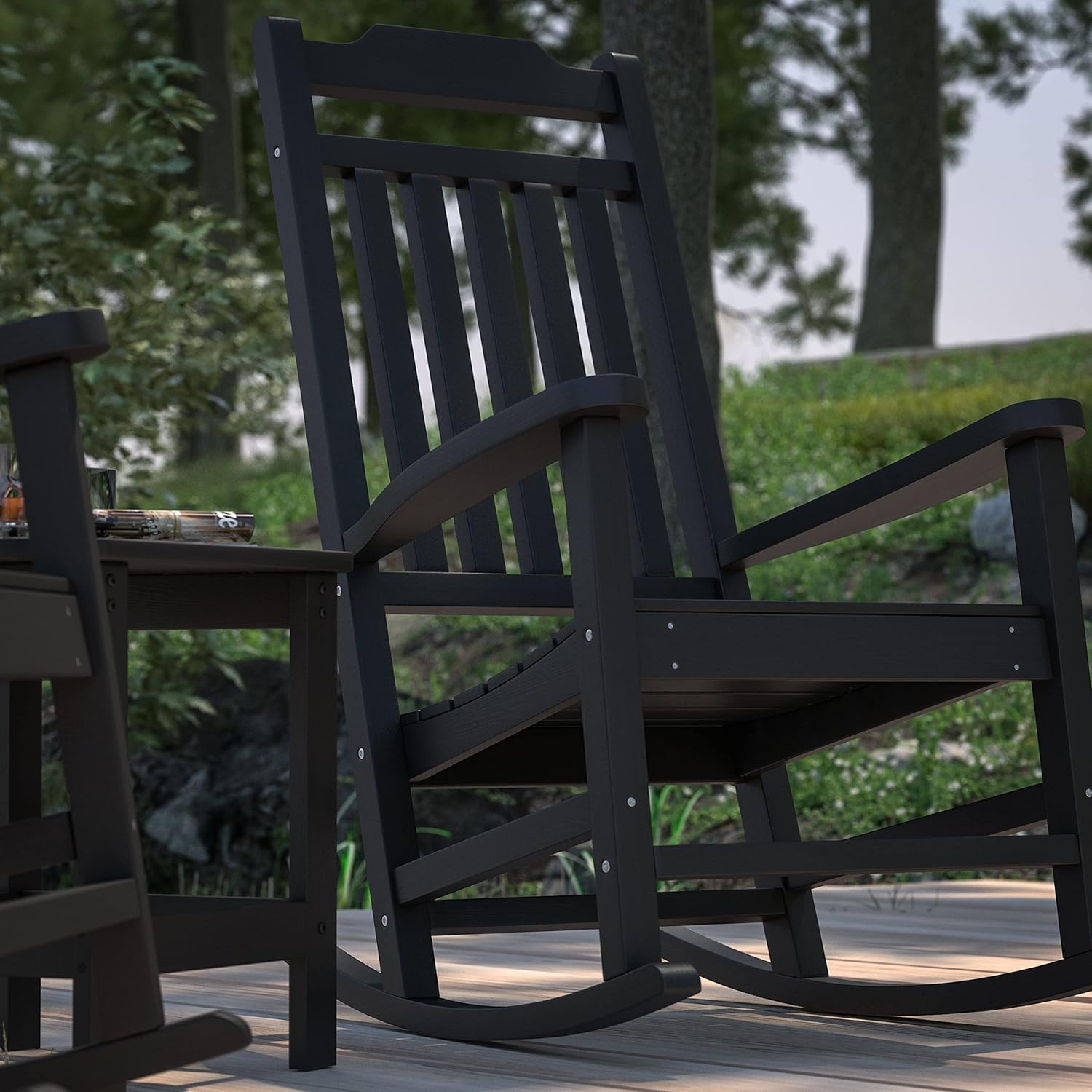 Merrick Lane Hillford Poly Resin Faux Wood Rocking Chair & Table Set - Black - Indoor/Outdoor Use