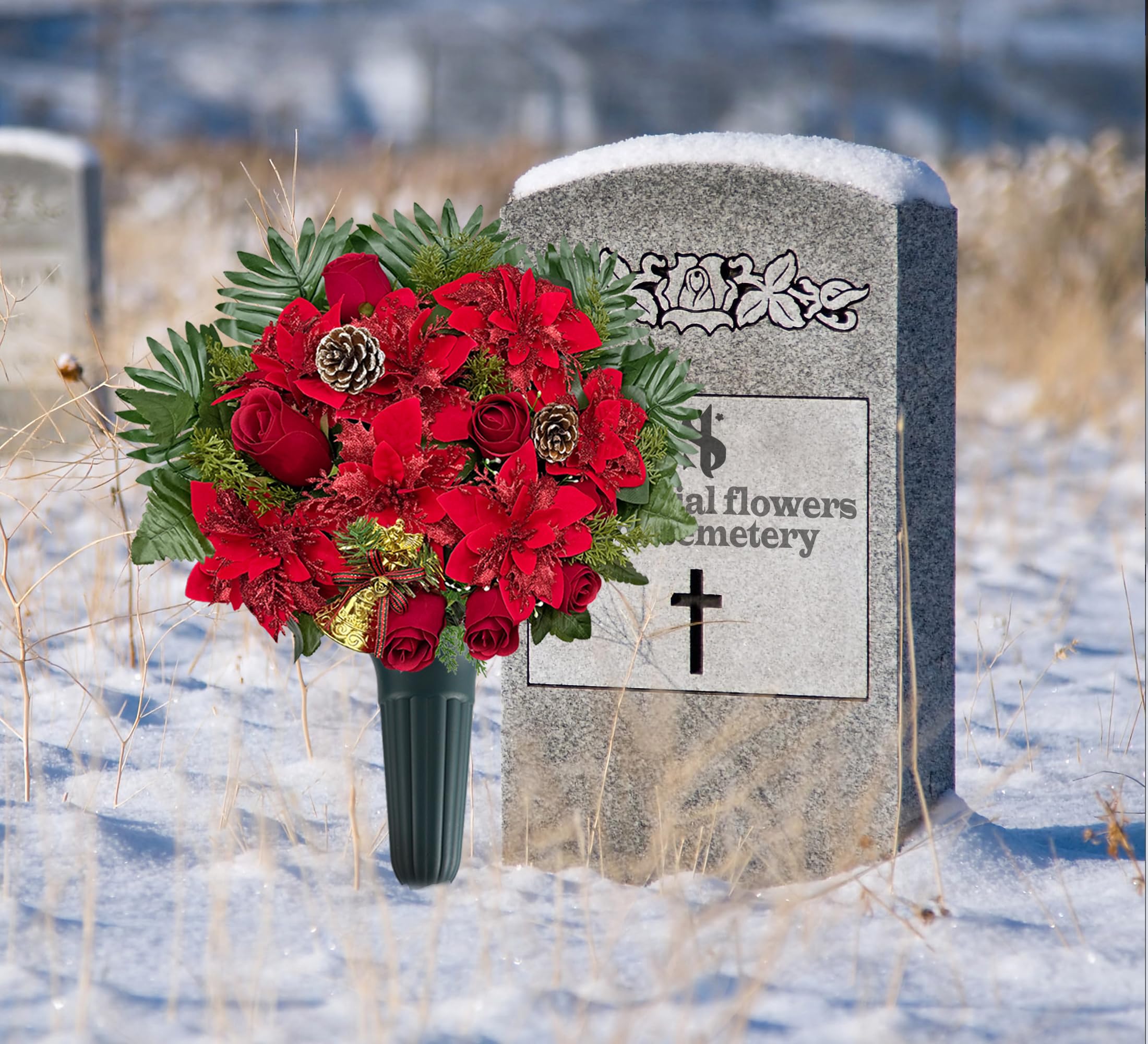 Fleur de tombe artificielle pour cimetière, poinsettia de Noël décorative pour pierre tombale, facile à installer