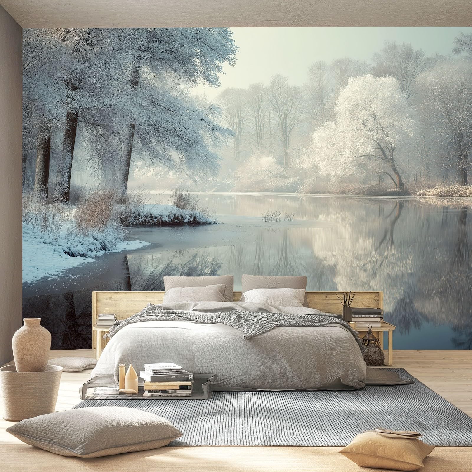 Fototapeta 300 x 210 cm ściany dekoracja salonu wzór natura do sypialni salonu tapeta z włókniny, biały las i mglisty lodowe jezioro