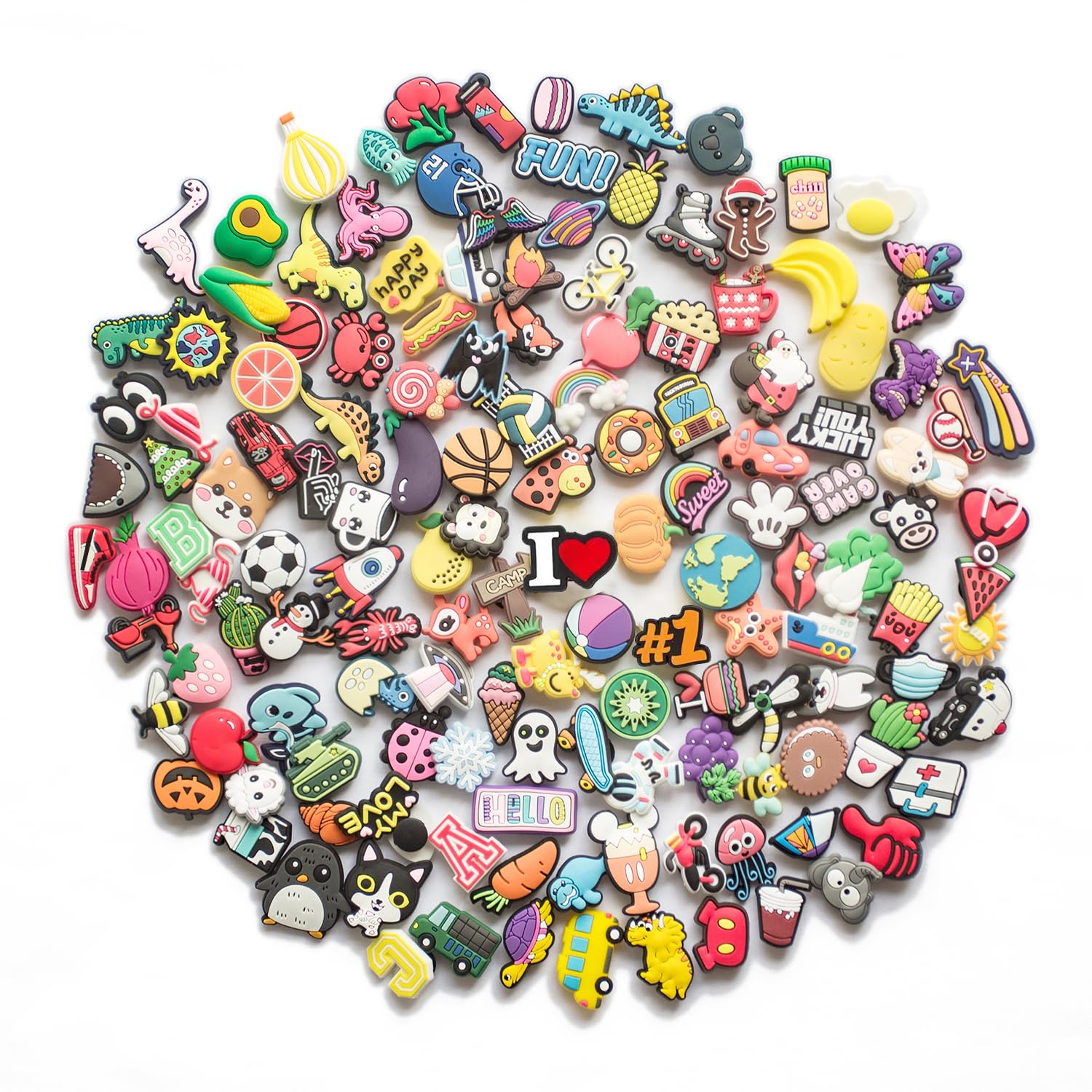 100 PCS Different Shaped PVC Shoe Charms for Halloween, Easter, Christmas, Birthday,Party Gifts, Shoe Decoration+3 PCS Shoelace Adapter