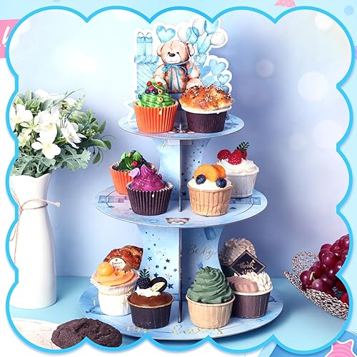 Miniatura 7 de Yungyan Soporte de papel de oso de 3 niveles para cupcakes, 11.8 pulgadas de largo x 11.8 pulgadas de ancho x 17.5 pulgadas de alto, bandeja de