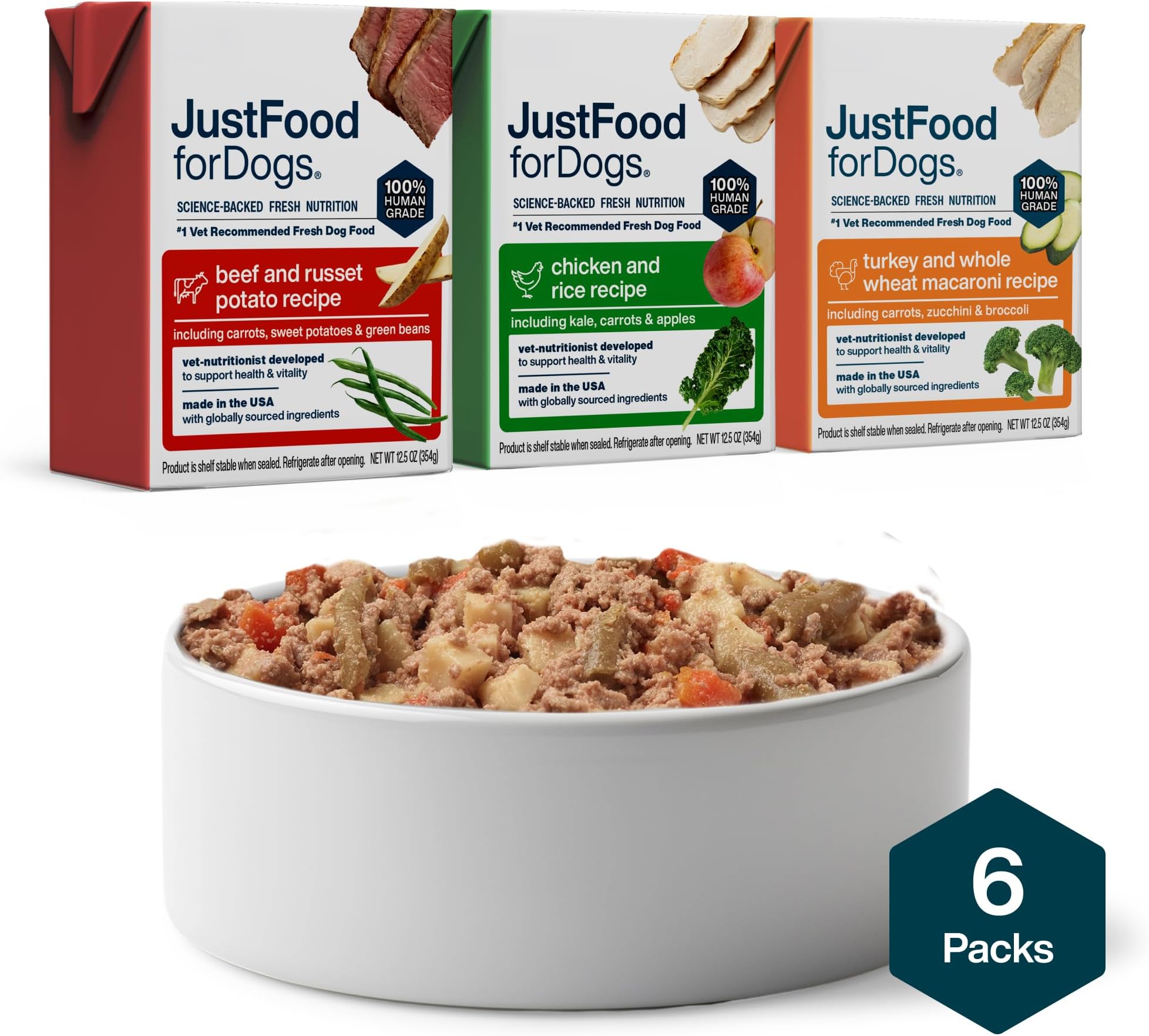 JustFoodForDogs Pantry Fresh Wet Dog Food Variety Pack, Complete Meal or Dog Food Topper, Beef, Chicken, & Turkey Human Grade Dog Food Recipes - 12.5 oz (Pack of 6) | Fresh Pet Meal or Fresh Dog Food Topper, Human Grade Recipe Made With Whole Foods, Preservative-Free, 12.5 Oz Per Pack