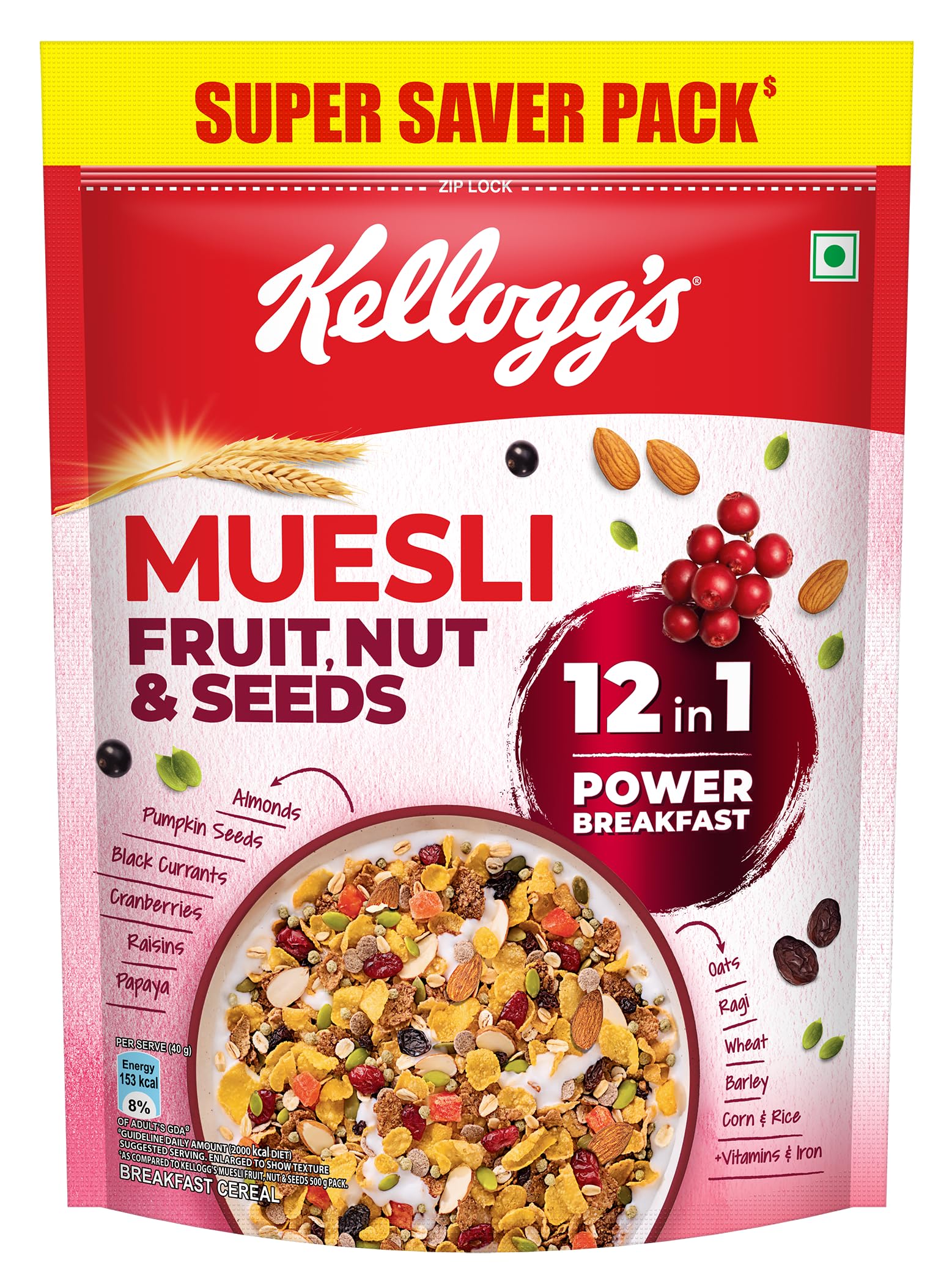 Kellogg's Muesli Fruit Nut & Seeds 750G | 12-In-1 Power Breakfast | India'S No. 1 Muesli | Multigrain Breakfast Cereal