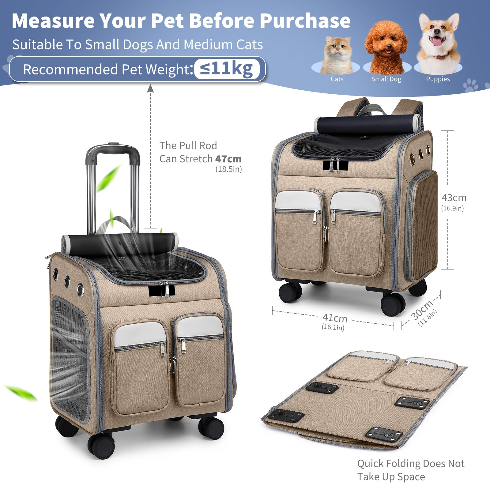 PETCUTE Zaino Trolley per Cani e Gatti,Zaino Portatile per Cani con Tasche Frontali,Multifunzionale,Traspirante Zaino per Gatti Grande con Ruote,Zaino per Animali Domestici,Tappetino Rimovibile