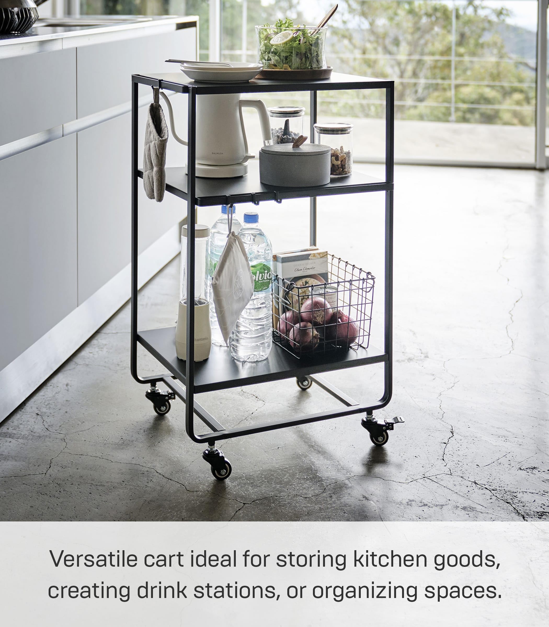 YAMAZAKI home Three-Tier tekerlekli servis arabası mutfak arabası, çelik, siyah, tek boy