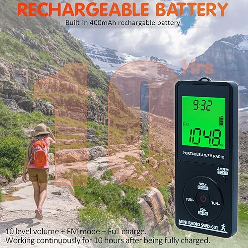 Miniatura 5 de Mini radio portátil personal AM/FM con pantalla LCD de sintonización digital y tiempo de retroiluminación, radio de bolsillo recargable SWDSTP con