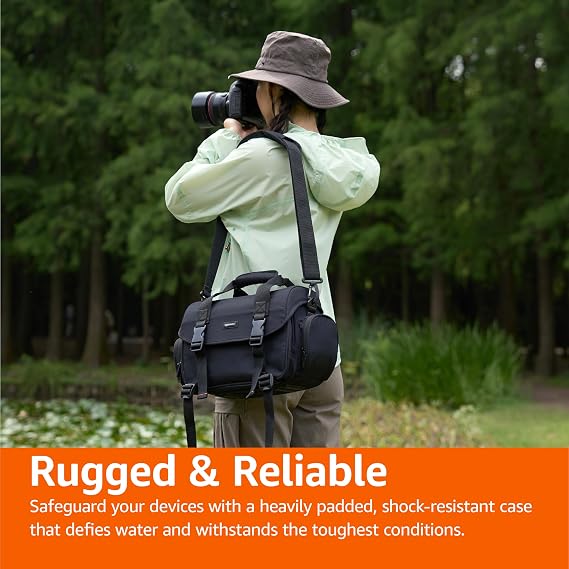 Amazon Basics Shoulder Bag for SLR Camera and Accessories, Large, Adjustable Strap, Waterproof, Shockproof, Solid, Padded - Black/Grey