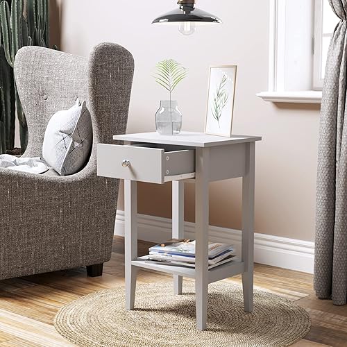 Miniatura 4 de RAAMZO - Mesa auxiliar de noche con cajón y estante inferior de 28 pulgadas de alto