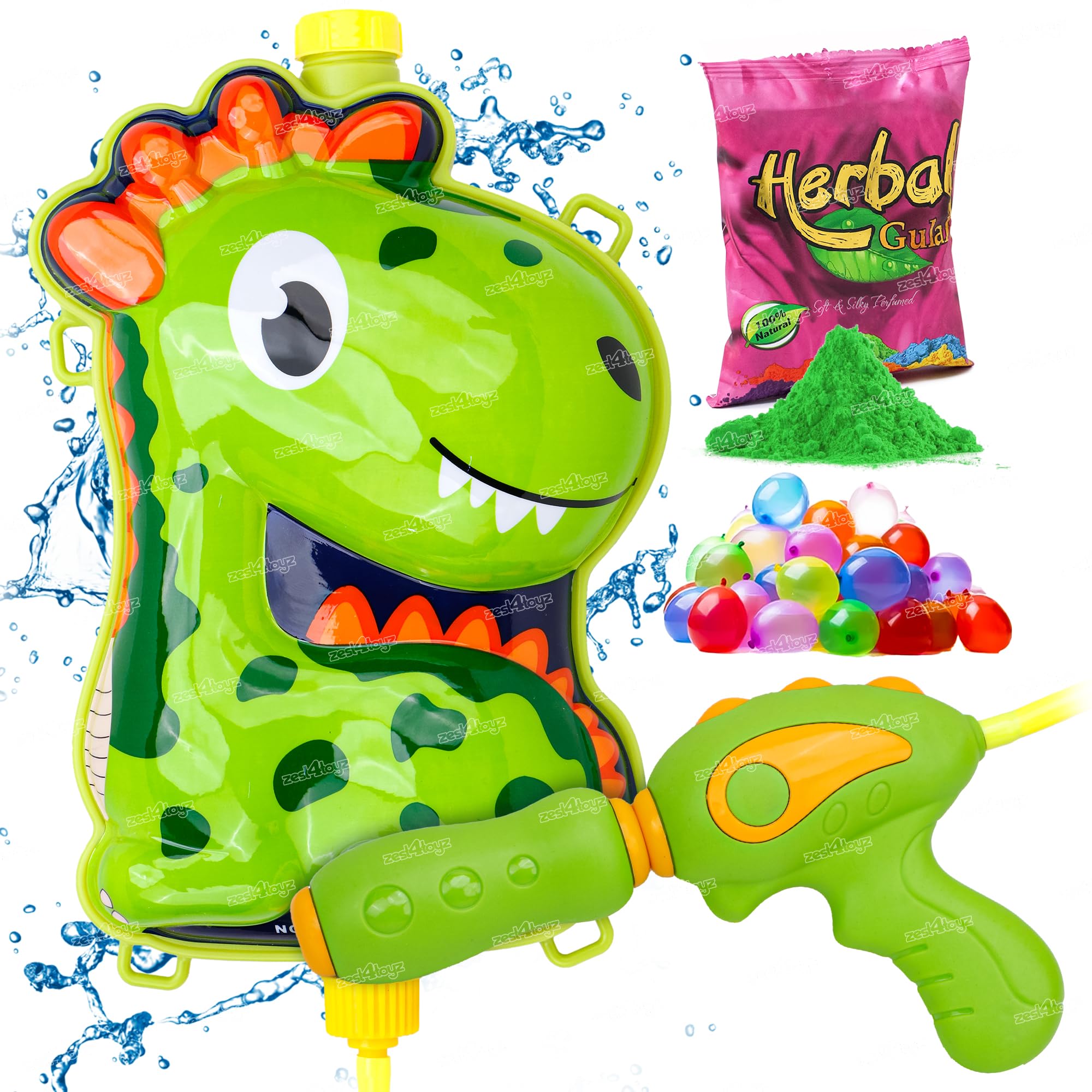Zest 4 Toyz Holi Pichkari Water Gun for Kids Dino Themed Backpack Spray Tank Water Squirt Gun with Holi Combo 100 Balloons and 1 Pkt Holi Color for Holi Celebration