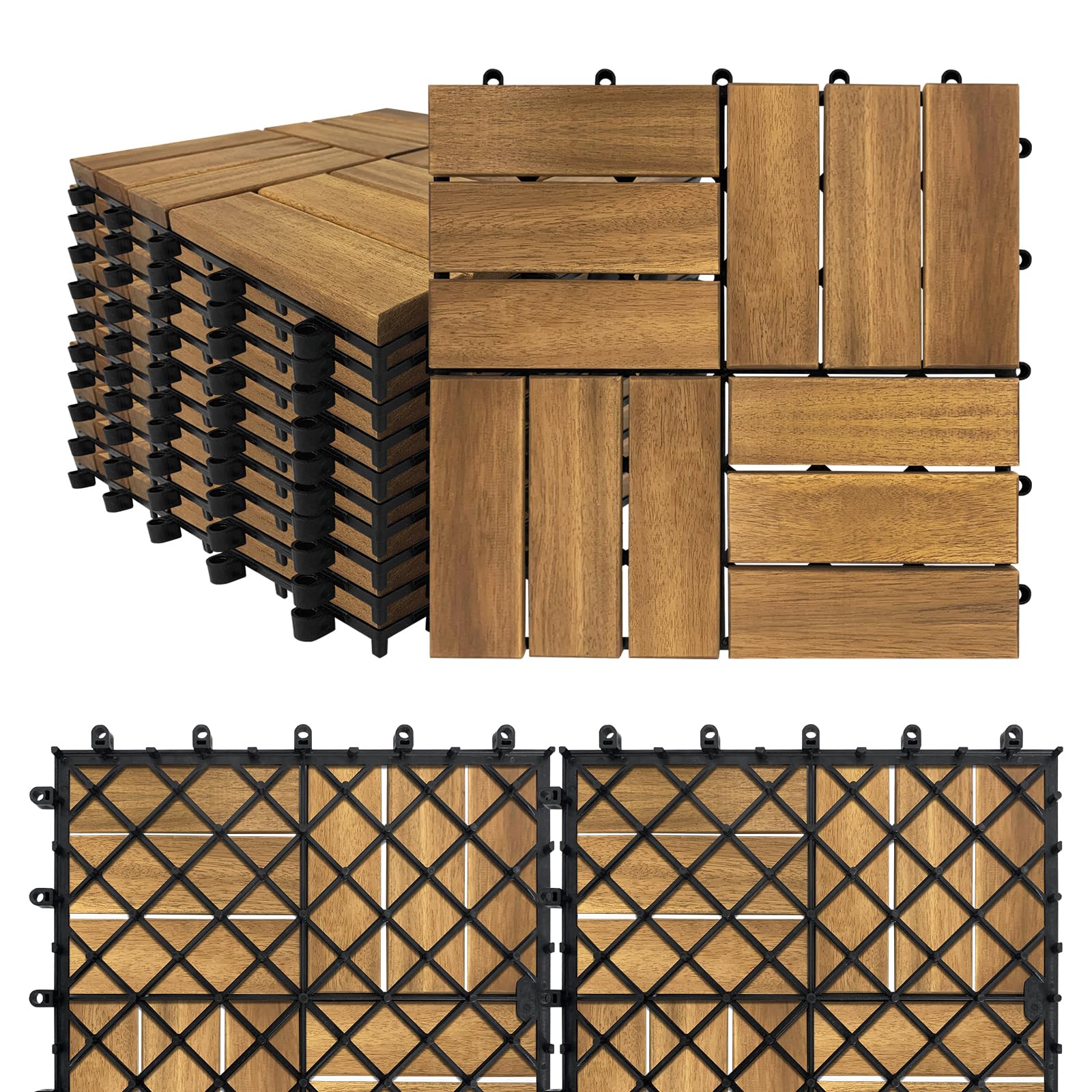SAILUN 11 Pack Acacia Wood Interlocking Deck Tiles 30x30cm, 1㎡ Wooden Decking Tiles with Click System, Outdoor Floor Tiles for Garden, Patio, Balcony & Terrace (Type B)