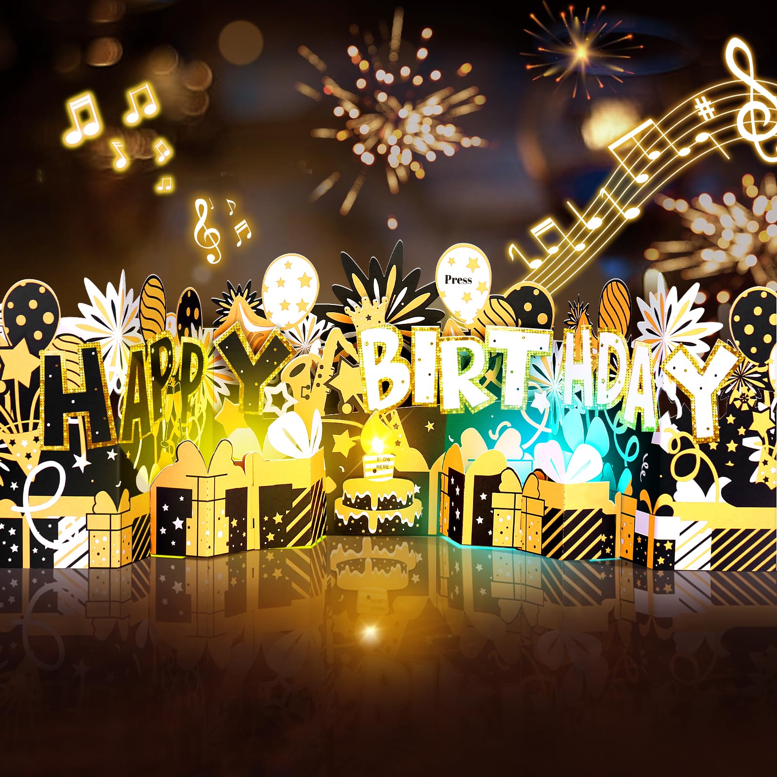 BYKOOOBirthday Card, Pop Up Musical Birthday Cards w Light,Blow Out Candle & Play Happy Birthday Music Card,Greeting Cards Gifts for Women Men Him Her