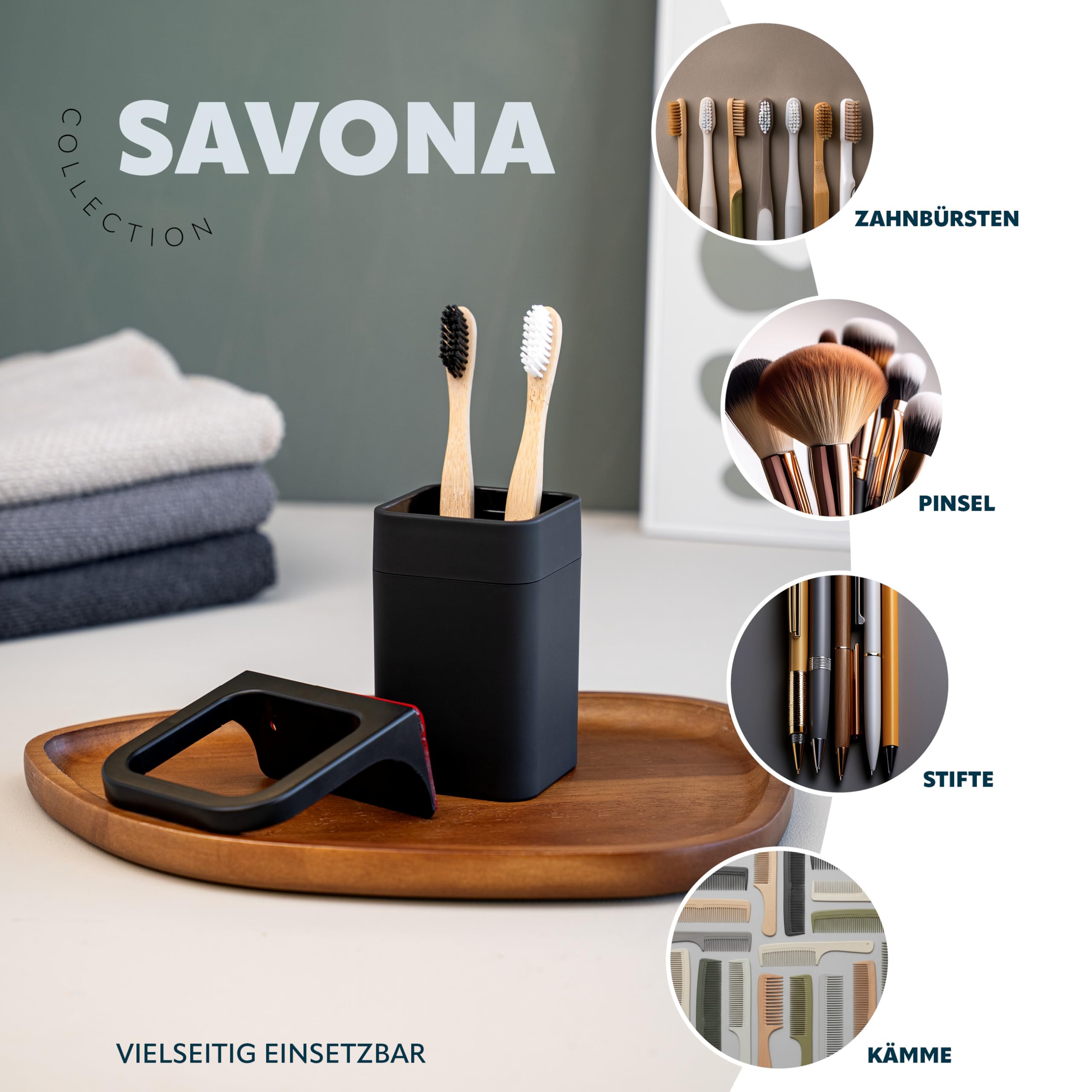bremermann Badezimmer-Set Savona mit Soft-Touch Oberfläche inkl. Wandhalterung, eckiges Bad-Accessoires Set 2tlg. bestehend aus 1x Seifenspender und 1x Becher aus Kunststoff (Schwarz)