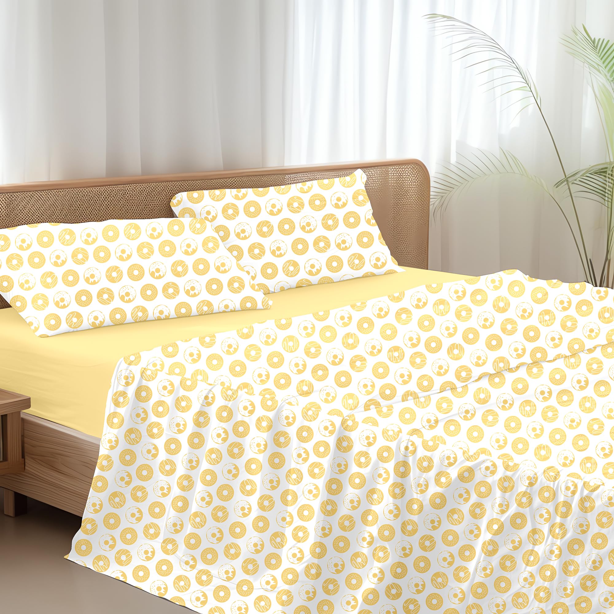 Ruggeri - Set Lenzuola Letto Matrimoniali 4 Pezzi in 100% Cotone di Alta Qualità, Lenzuolo con Angoli 170x200 cm, Lenzuolo Piatto 240x280 cm e 2 Federe 50x80 cm (Ciambelle Gialle, Matrimoniale)