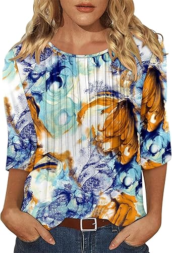 KISSMODA Tunic Tops for Women Loose Fit Dressy Round Neck Pleated 3/4 Length Sleeve Spring Tops