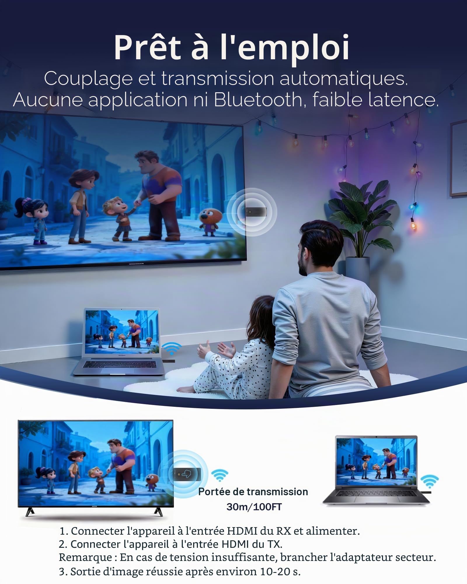 HDMI sans Fil, True UHD 4K Entrée & 4K Sortie, Émetteur et Récepteur Double Bande 2,4G/5G, Plug&Play, Wireless HDMI pour Streaming Vidéo et Audio sur TV/PC/Projecteur, Portée Stable de 30m.