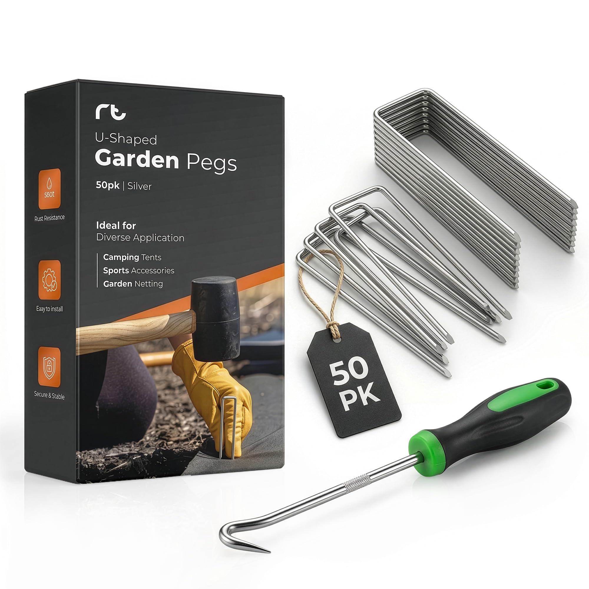 Roe Tenpo Weed Membrane Pegs, 15 cm, U-Shaped Heavy-Duty Sharp Beveled Ends Garden Stakes for Camping, Weed Control Membrane, Artificial Grass, Netting & Landscape Fabric (50 Pack)