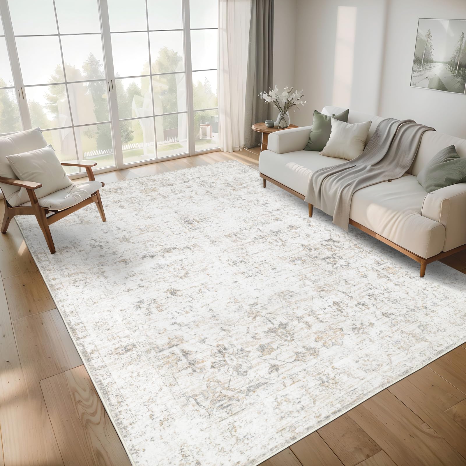 Photo 1 of ****USED*****Dotiiorug Washable 8×10 Area Rug for Living Room, Vintage Floral Rug Soft Non Slip Stain Resistant Boho Carpet for Bedroom Dinning Room Home Office Beige New