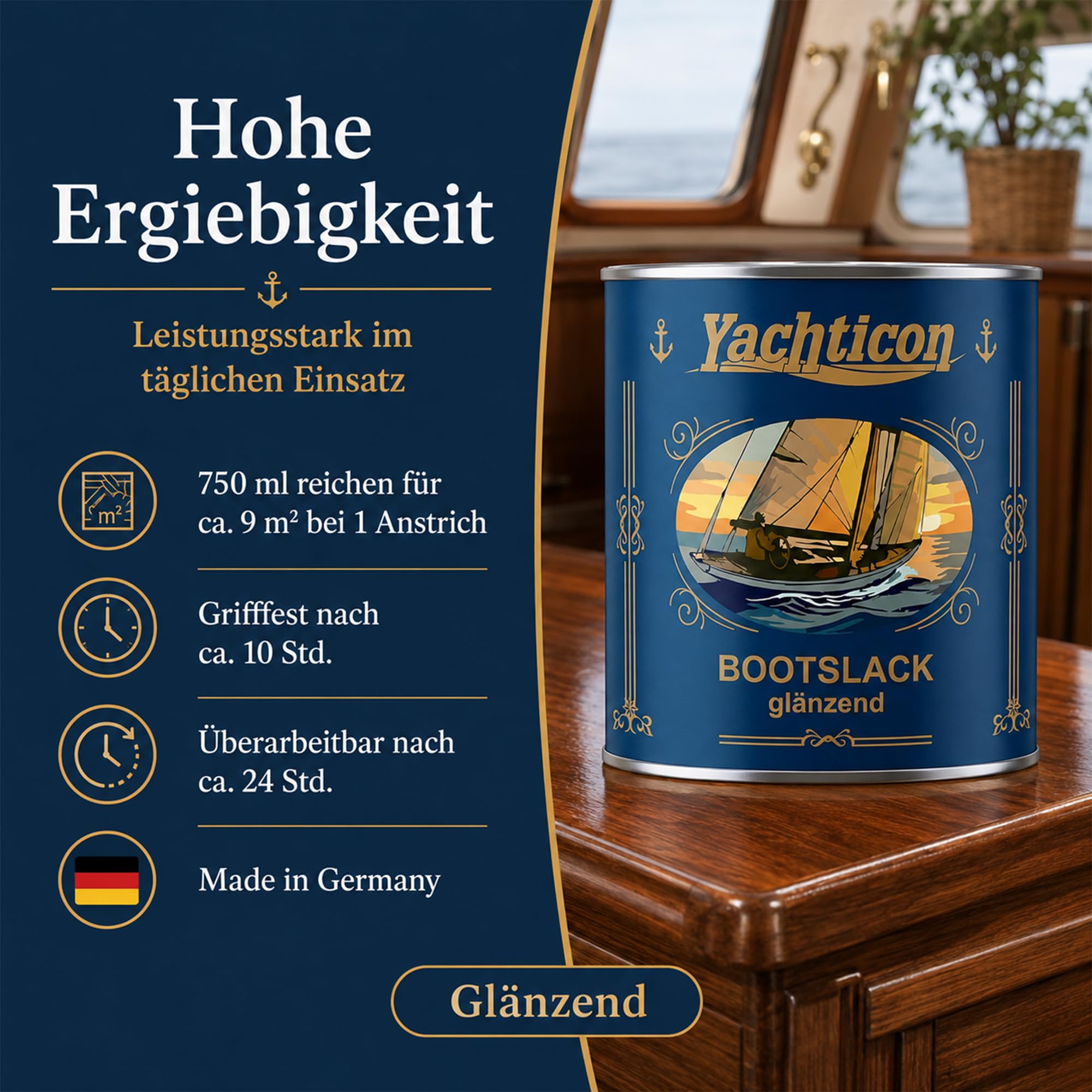 YACHTICON Bootslack 1K Klarlack | Glänzend & Seidenmatt | Premium Holzlack für Boot, Parkett & Möbel | Wetterfest, UV-Stabil & Blockfest | Made in Germany