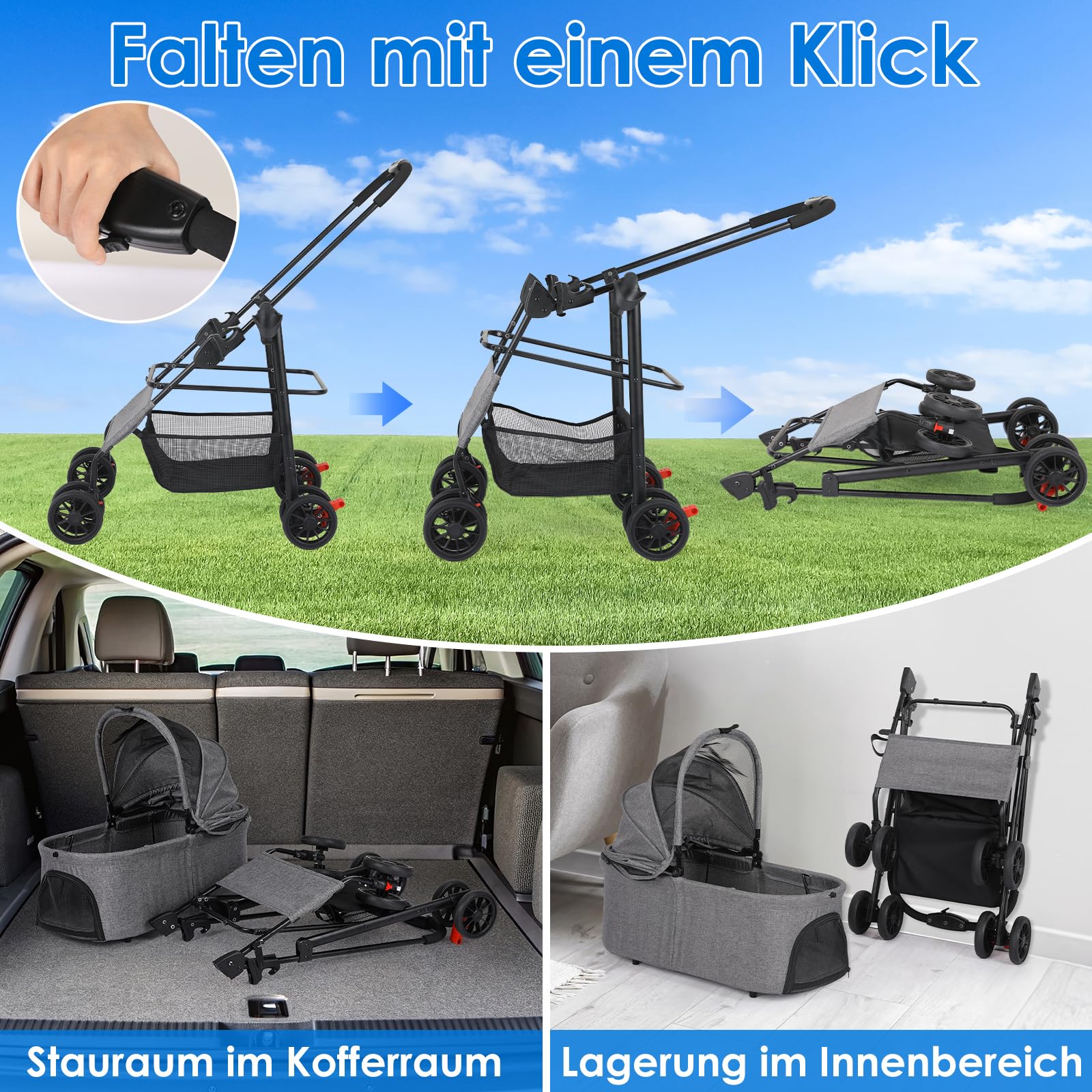 MAMIZO Passeggino per cani 3 in 1, fino a 30 kg, 4 paia di ruote doppie a 360°, con una borsa a tracolla, pieghevole per cani di piccola taglia e media, nido per animali domestici, tessuto di lino