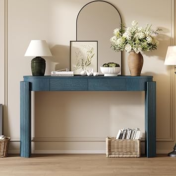 55.1 Console Table with 2 Drawers, Farmhouse Entryway Table with Rounded Corners, Narrow Long Console Table Behind Couch for Living Room/Hallway/Foyer - Navy Blue
