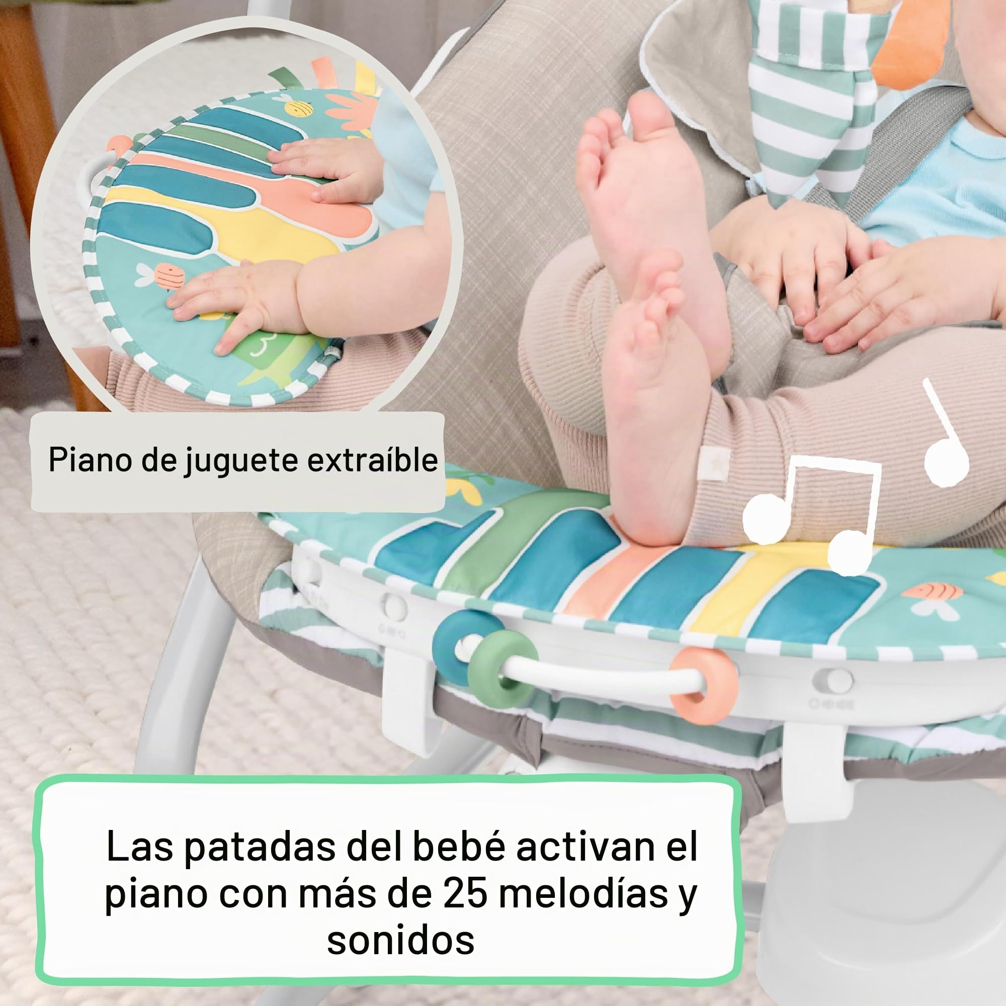 Ingenuity SimpleComfort Piano Playtime Columpio y Mecedora para bebés 4 en 1, 180 Grados y 3 direcciones, 0-24 Meses