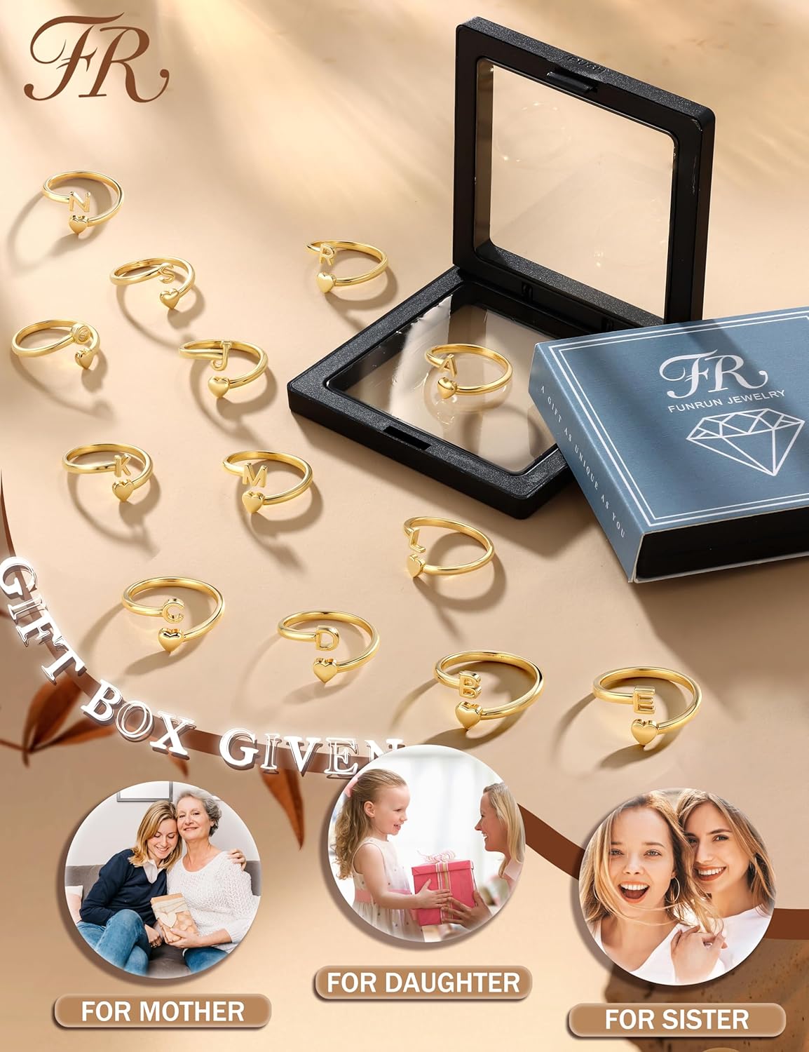 FUNRUN JEWELRY Gold Initial Rings for Women Non Tarnish 14K Gold Plated Adjustable Letter Rings A-Z Dainty Heart Alphabet Stackable Band Ring Trendy Capital Letter Pinky Knuckle Thumb Ring - Image 6