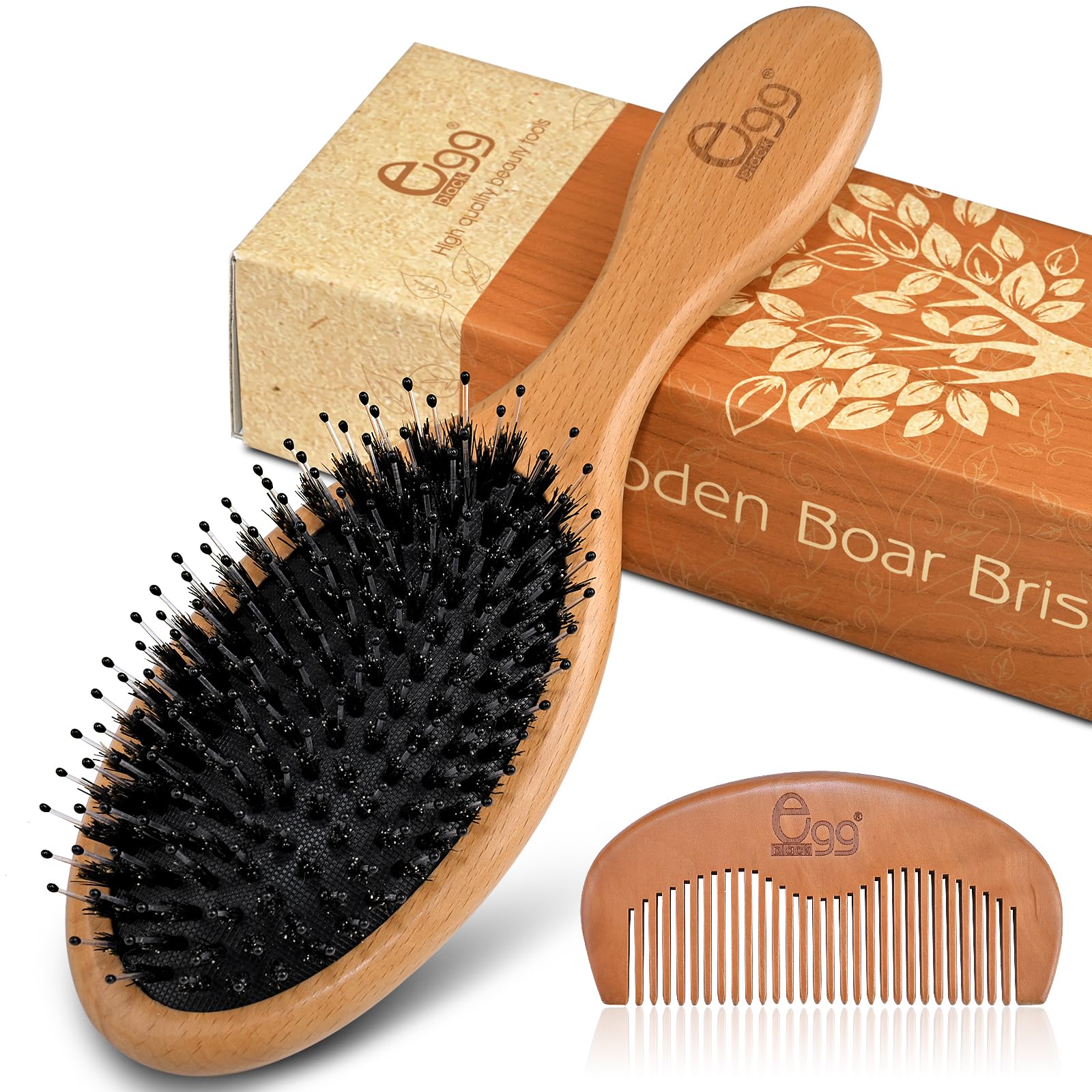 BLACK EGG Boar Bristle Brush for Wet/Dry Hair - Smoothing, Massaging, Detangling, Reduce Frizz, Restore Shine - Bamboo Brush for Women, Men, Kids